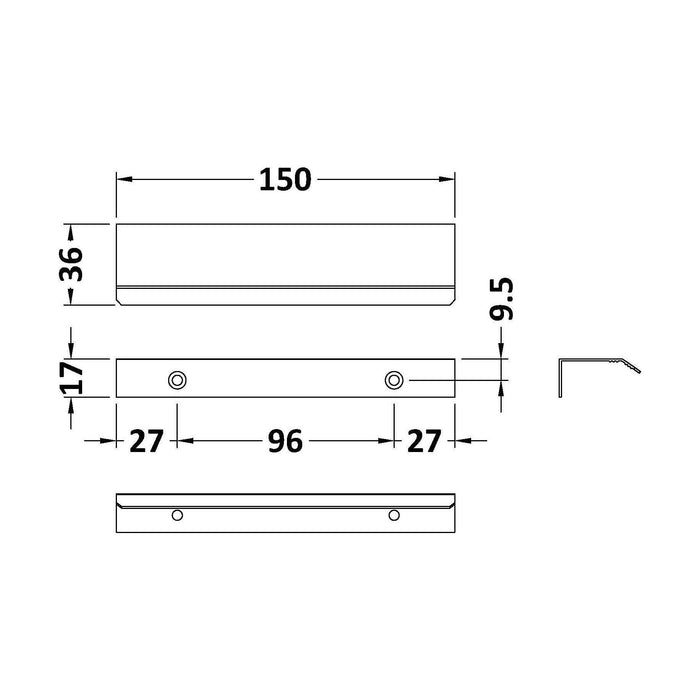 [BFHH324] Finger Pull Handle, 150mm (96mm Centres), Choice of Finish - Technical Drawing