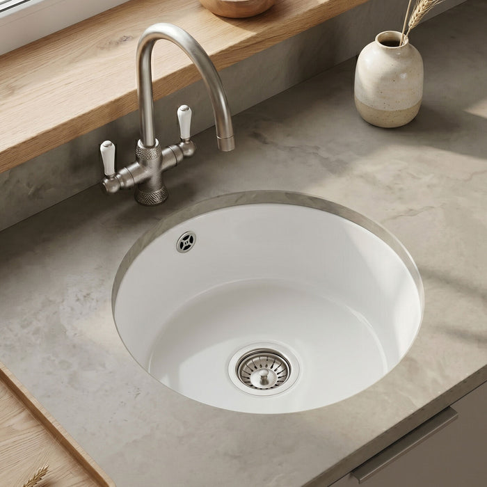 [BKS256] Fireclay Single Bowl Round Undermount Kitchen Sink, Central Waste Position & Overflow - 460mm - Multiple Colours Available - Silo