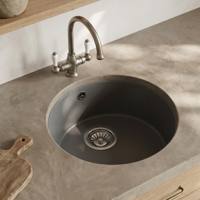 [BKS257] Fireclay Single Bowl Round Undermount Kitchen Sink, Central Waste Position & Overflow - 460mm - Multiple Colours Available - Silo