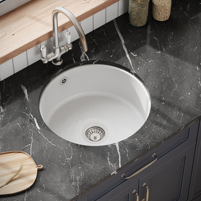[BKS256] Fireclay Single Bowl Round Undermount Kitchen Sink, Central Waste Position & Overflow - 460mm - Multiple Colours Available - Lifestyle 2