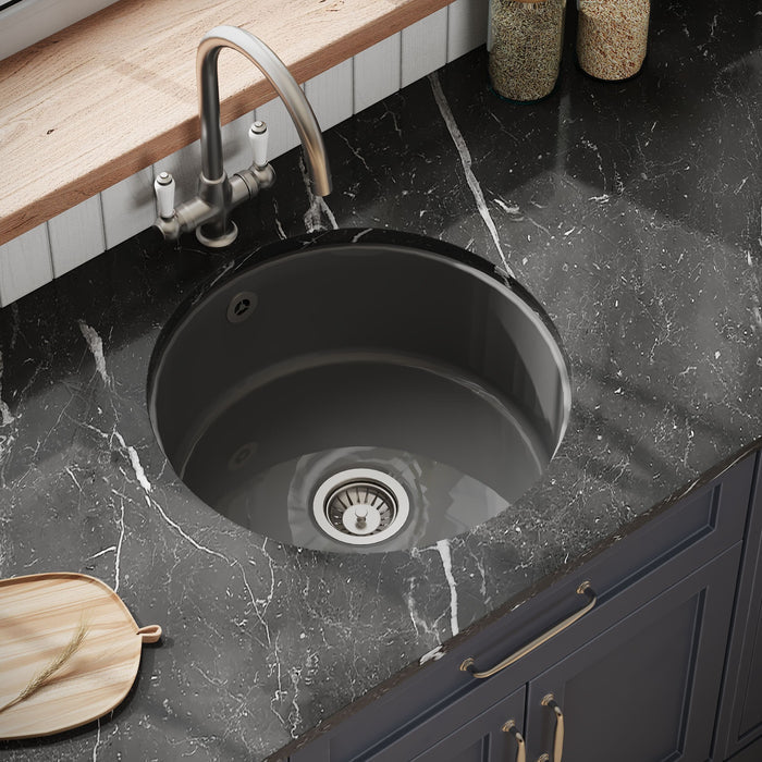 [BKS257] Fireclay Single Bowl Round Undermount Kitchen Sink, Central Waste Position & Overflow - 460mm - Multiple Colours Available - Lifestyle 2