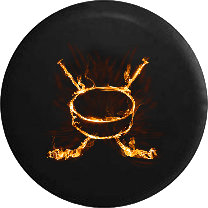 Flaming Realistic Fire Hockey Stick & Puck RV Camper Spare Tire Cover-35 inch