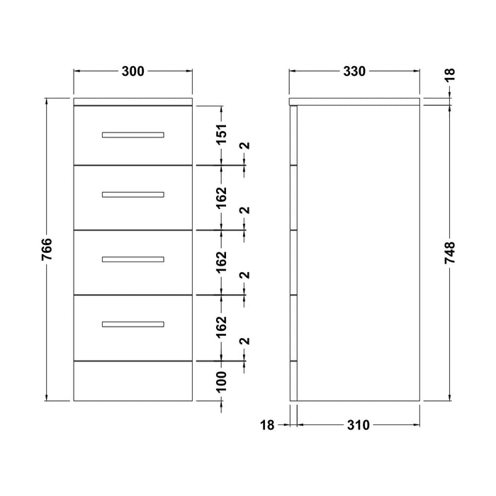 [BFOR134] Floor Standing 4 Drawer Bathroom Unit - 300mm - Gloss White - Technical Drawing