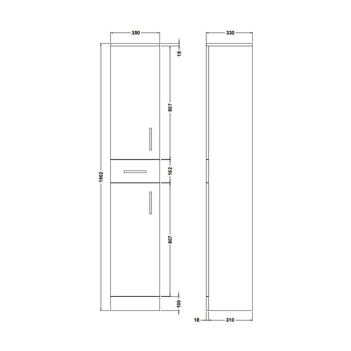 [BFOR164] Floor Standing Tall Bathroom Unit - 350mm - Gloss White - Technical Drawing