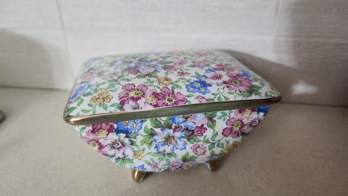 Floral Chintz Porcelain Footed Trinket Box with Gold Trim
