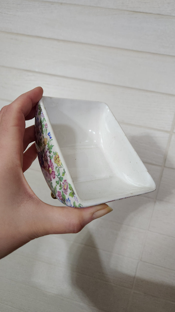 Floral Chintz Porcelain Footed Trinket Box with Gold Trim