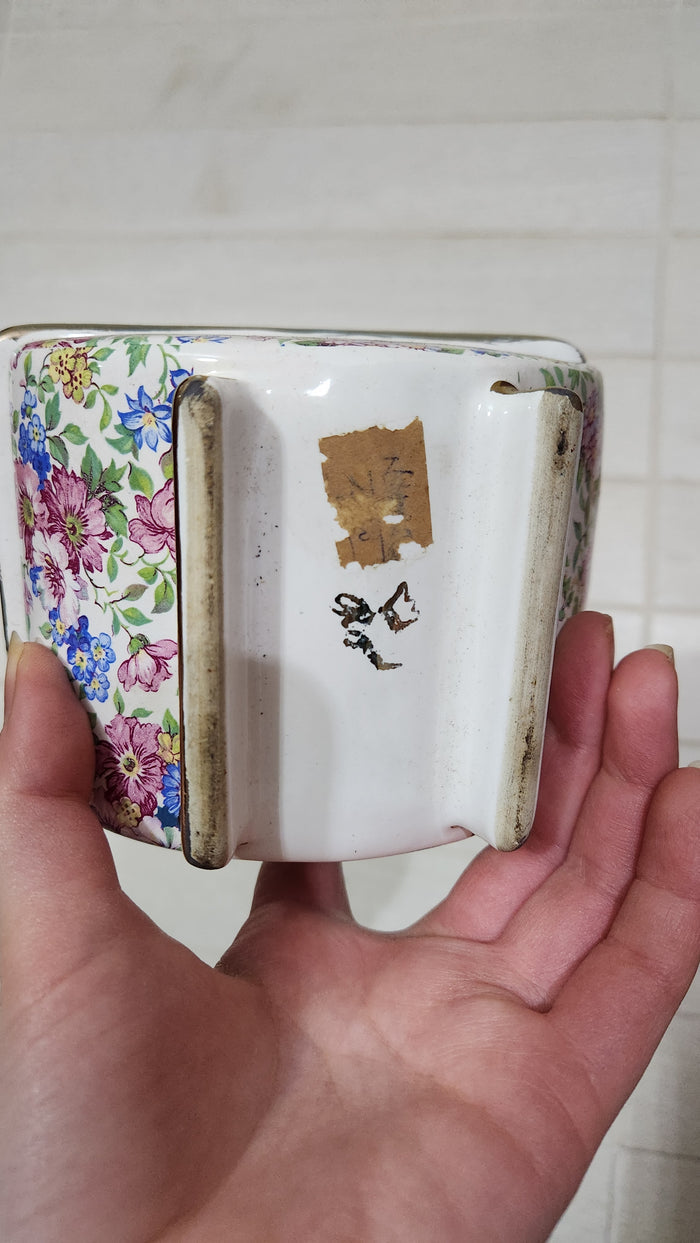 Floral Chintz Porcelain Footed Trinket Box with Gold Trim