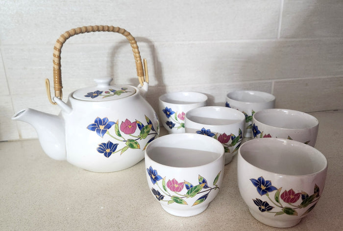 Floral Porcelain Teapot Set with Bamboo Handle and 6 Matching Cups