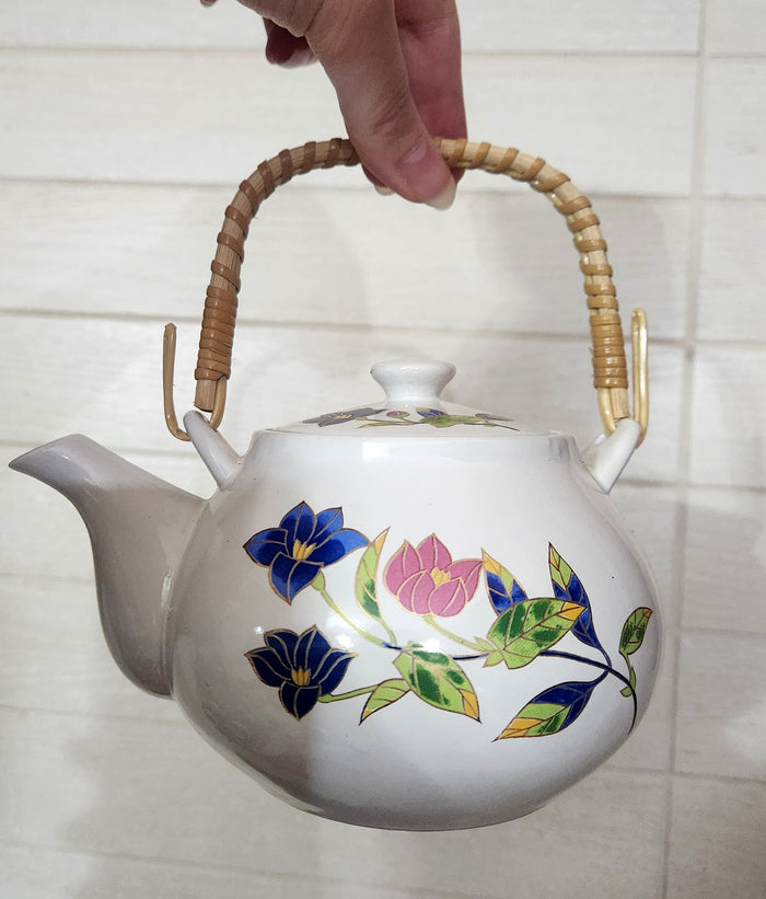 Floral Porcelain Teapot Set with Bamboo Handle and 6 Matching Cups