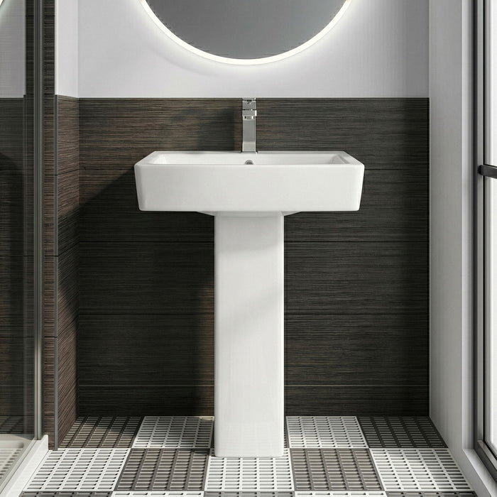 [BCOP010] Forsbrook Modern White Square 1 Tap Hole Bathroom Basin & Full Pedestal - Choice of Size (520mm or 600mm) - Silo