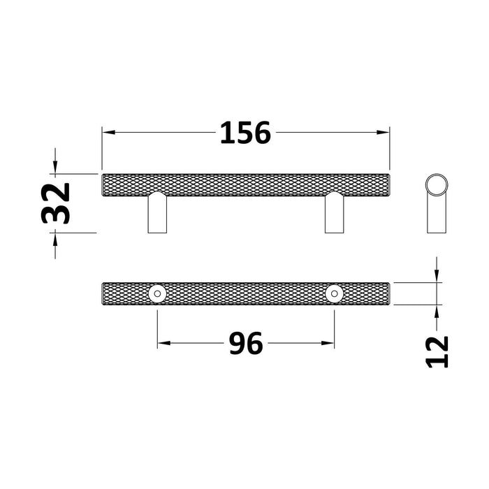 [BFHH010] Furniture Handle Textured Knurled Bar Handle, Choice of Size & Finish - Technical Drawing