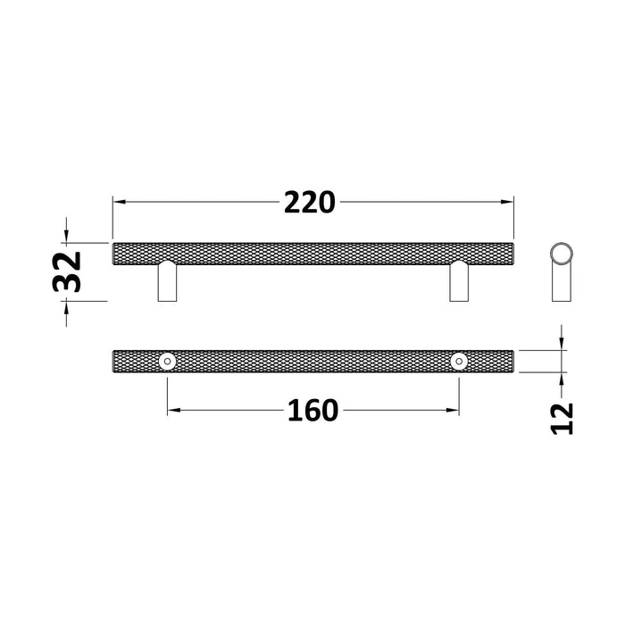 [BFHH011] Furniture Handle Textured Knurled Bar Handle, Choice of Size & Finish - Technical Drawing