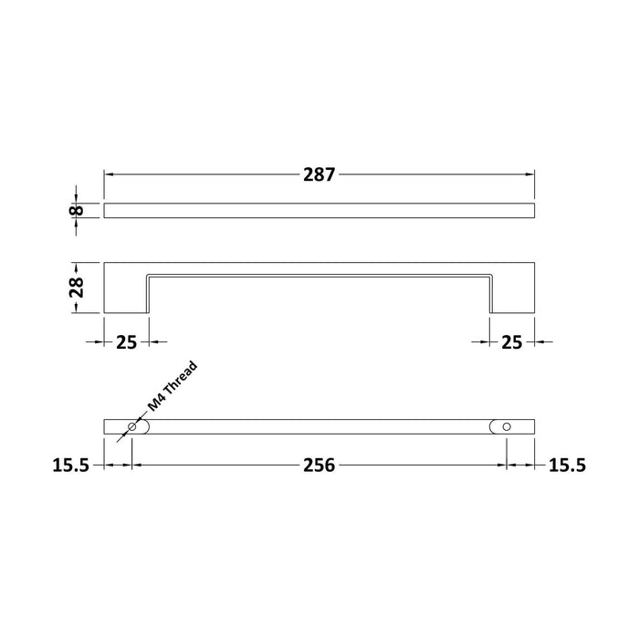 [BFHH036] Furniture Handle Thin D Shape Handle, 287mm (256mm Centres) - Chrome - Technical Drawing