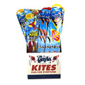 A display box labeled Gayla Flapper Kites contains colorful packaged shaped kites, including macaw parrot, clown fish, and tropical fish designs—perfect as a beach kite for all ages.