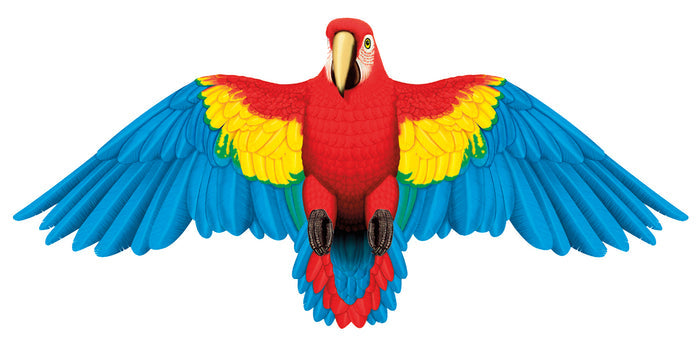 A vibrant scarlet macaw with red, blue, and yellow feathers and lifelike flapping wings—set against white—makes the perfect inspiration for Gayla Flapper Kites or a playful beach kite design.
