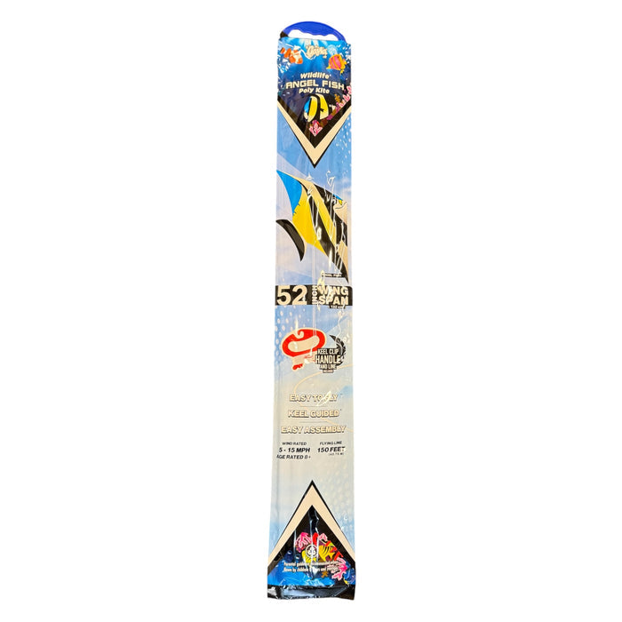 A tall blue and white package for the 52-inch Gayla Flapper Kite, angelfish-shaped with vibrant fish artwork, branding, and info on easy assembly, lifelike flapping motion, and smooth beach flying.