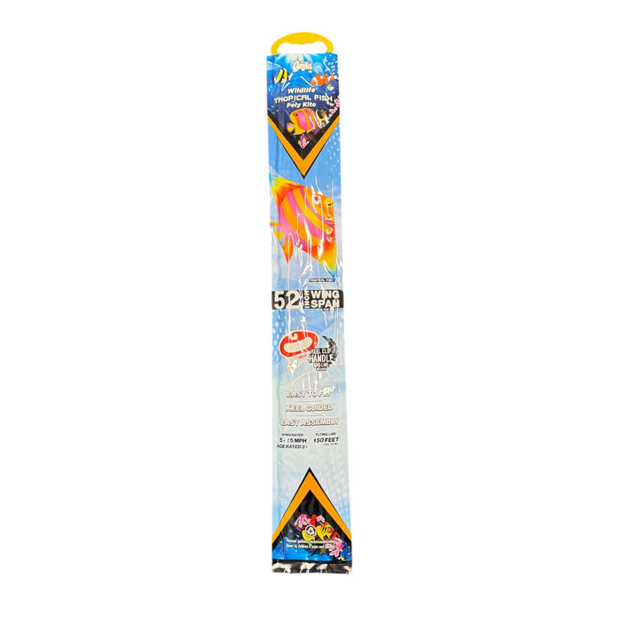 The Gayla Flapper Kites 52-inch Wingo Tropical Fish beach kite features vibrant fish graphics on blue packaging and offers lifelike flapping motion for realistic, colorful fun.
