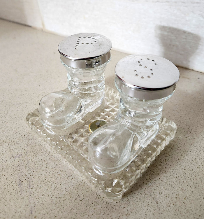 Glass Boot Salt and Pepper Shakers With Tray Set