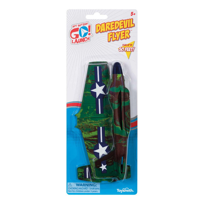 The GO! Launch Daredevil Flyer by GO! Launch is a foam stunt airplane with green camouflage, blue stripes, and white stars. Great for outdoor play—flies up to 50 feet! Packaging warns of small parts.