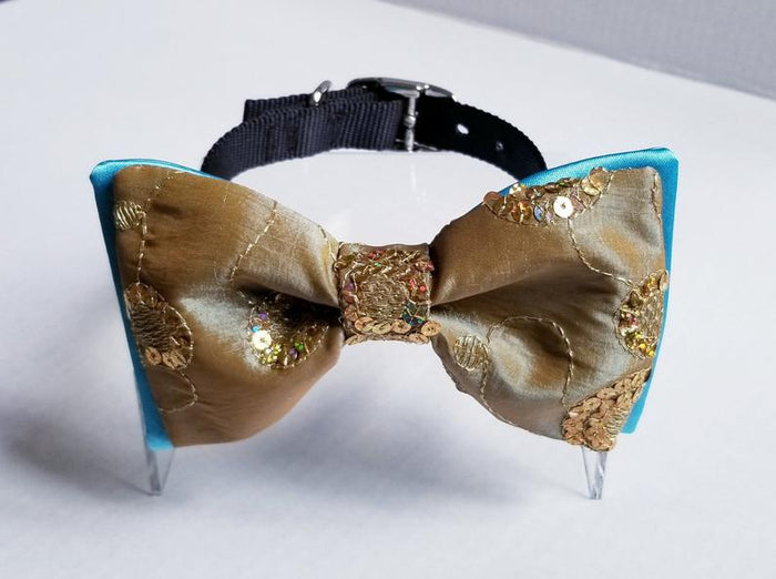 Gold Sequin and Turquoise Brocade Couture Bowtie