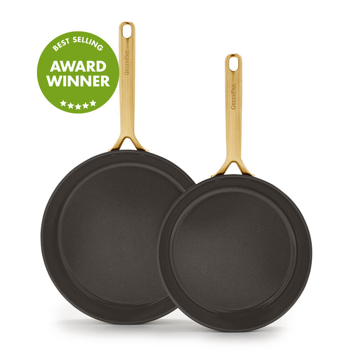 Two ceramic nonstick frypans, 9.5 and 11, in cocoa with champagne handles; award badge at top left.