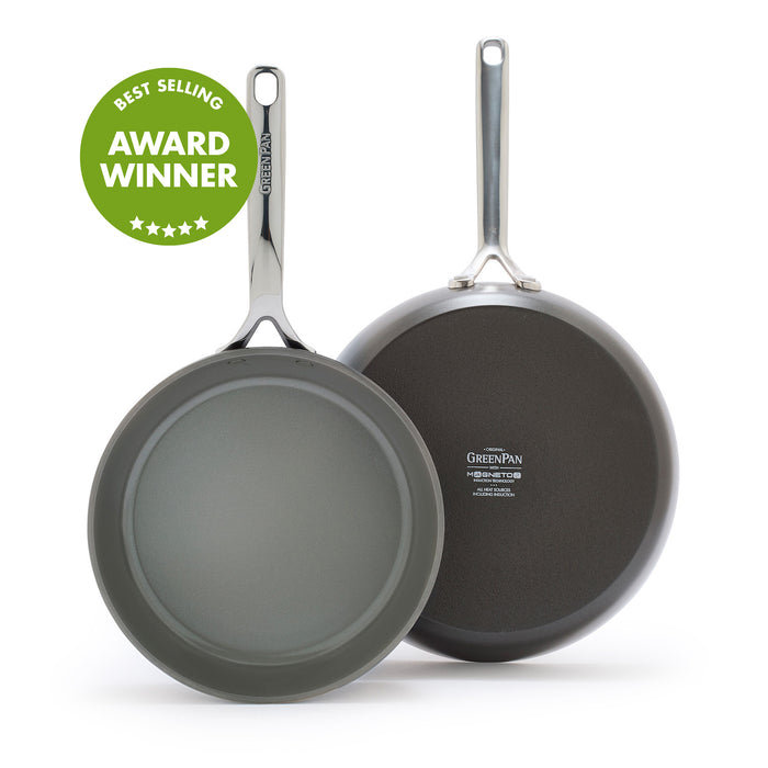 Two cocoa-colored ceramic nonstick frypans with mirror handles, shown as a 9.5-inch and 11-inch set.