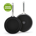 Set of two ceramic nonstick frypans, 9.5-inch and 11-inch, with Balance Pro Base; Best Selling badge visible.