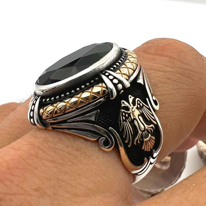 Green Emerald Stone Double Headed Eagle Silver Ring