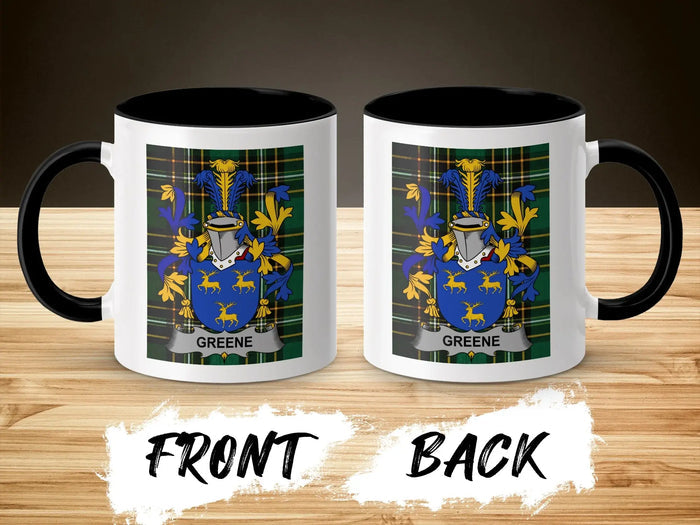 Mug with Greene family crest on front and back, black handle and rim.