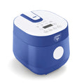 Blue 4-cup rice and grains cooker with digital display and ceramic nonstick cooking surface.