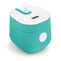 Turquoise 4-cup rice and grains cooker with digital display and top control buttons.