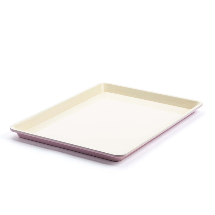 Pink ceramic cookie sheet, 18 x 13, on a white background.