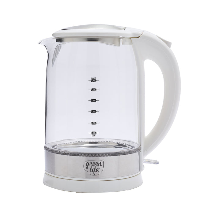 Clear glass electric kettle with white handle and base, water level markings, and GreenLife logo on the bottom. 1.7L capacity.