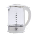 Clear glass electric kettle with white handle and base, water level markings, and GreenLife logo on the bottom. 1.7L capacity.