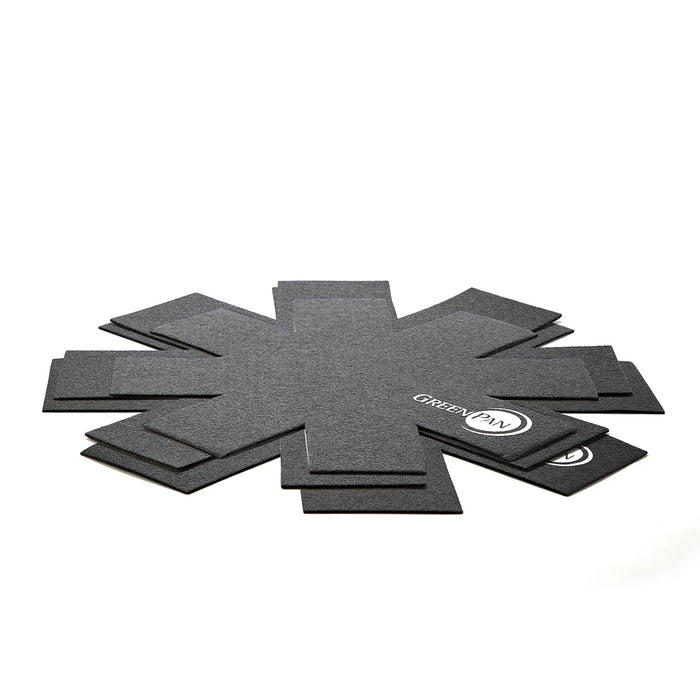 The GreenPan 3 Pan Protectors are gray felt pads in a starburst pattern that prevent scratches on your nonstick pans. One protector features the GreenPan logo for added brand detail.