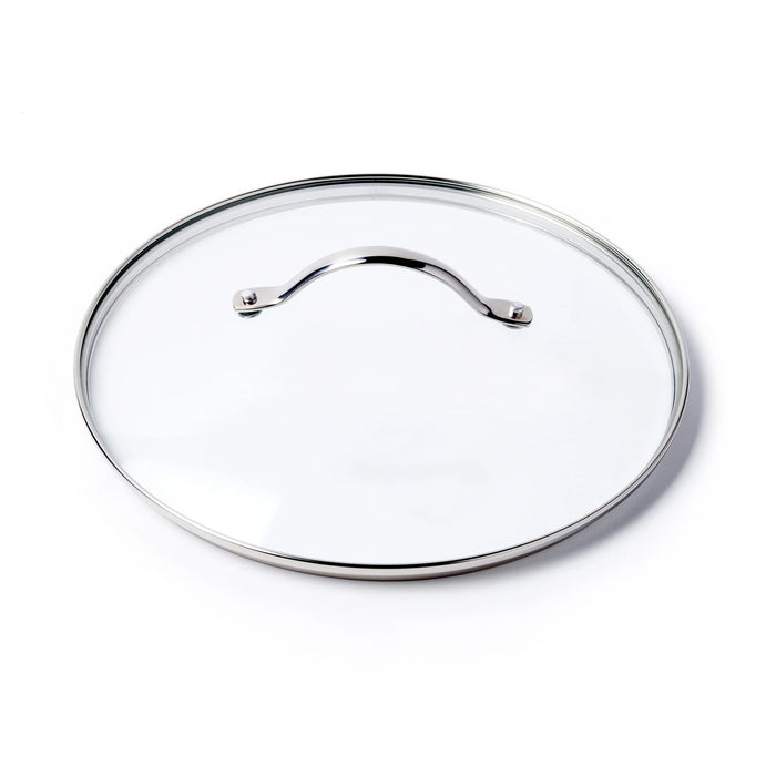 The GreenPan Glass Lid - 10" features a round tempered glass design with a metal rim and curved stainless steel handle, making it an ideal addition to your GreenPan collection.