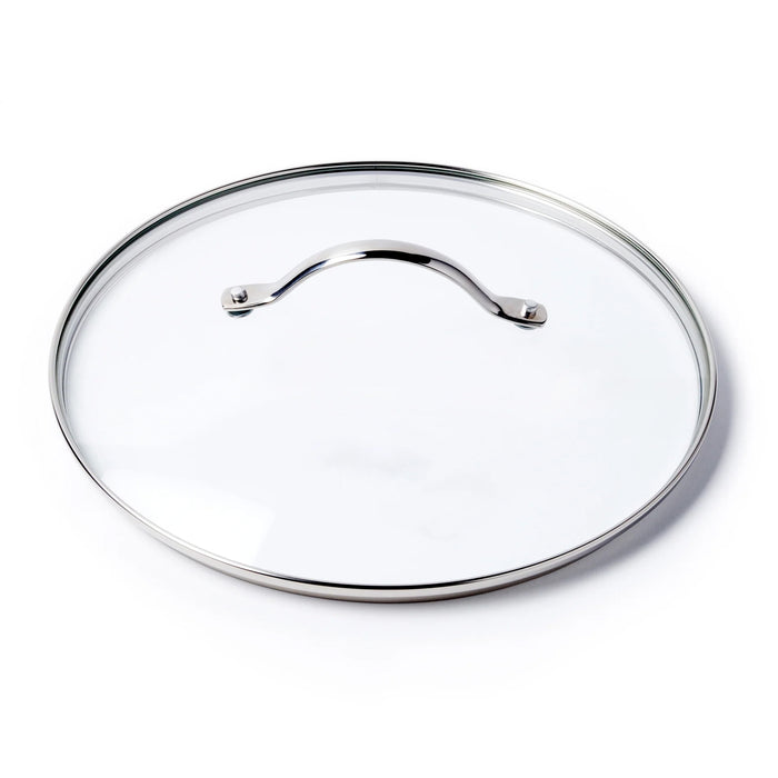 The GreenPan Glass Lid - 12" is a round, clear tempered glass lid with a stainless steel handle and metal rim, shown on a white background. Ideal for GreenPan cookware collections.