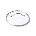 Tempered glass pot lid with stainless steel handle and metal rim, single piece on a white background.