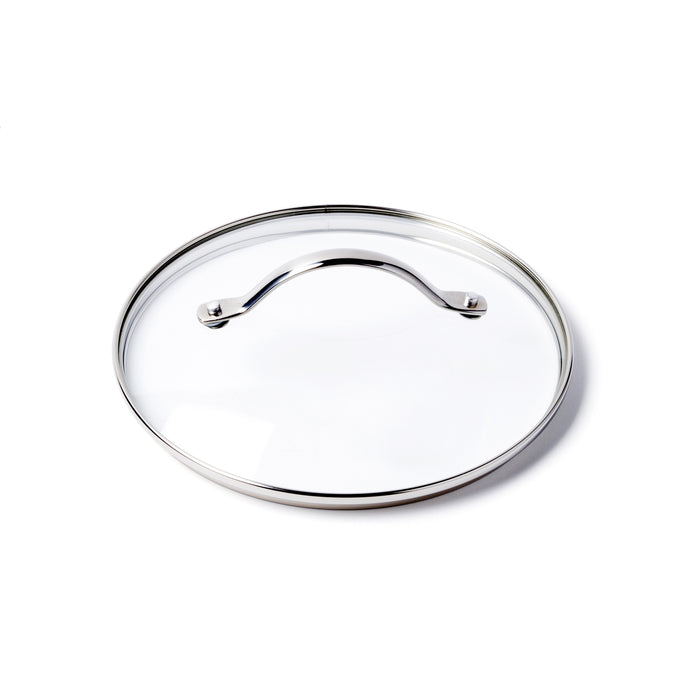 Tempered glass pot lid with stainless steel handle and metal rim, single piece on a white background.
