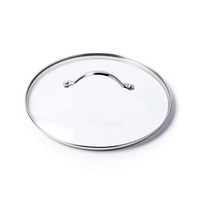 The GreenPan Glass Lid - 9.5" is a round, clear tempered glass lid with a durable stainless steel handle and metal rim, shown on a white background. Ideal for use with GreenPan collections.