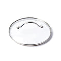 The GreenPan Glass Lid - 9" features clear tempered glass, a metal rim, and a curved stainless steel handle, shown on a white background—ideal for use with GreenPan collections.