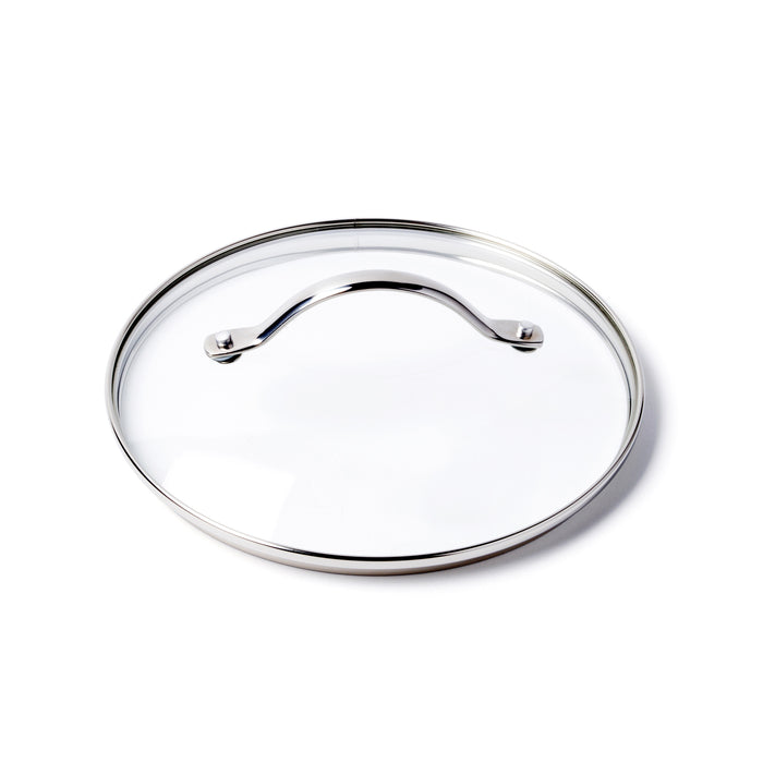 The GreenPan Glass Lid - 9" features clear tempered glass, a metal rim, and a curved stainless steel handle, shown on a white background—ideal for use with GreenPan collections.