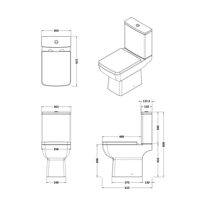 [BCET006] Grindon Contemporary Square Compact Rimless Toilet Pan and Cistern - 800 x 363 x 615mm - Technical Drawing