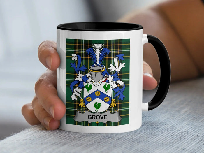White mug with black rim featuring a family crest with the name "GROVE".