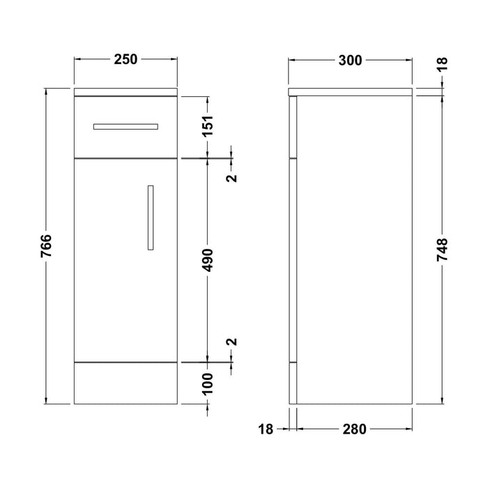 [BFOR1471] Hamstall Floor Standing 1 Door 1 Drawer Storage Cabinet, Satin Dark Grey, 250 x 300mm - Technical Drawing