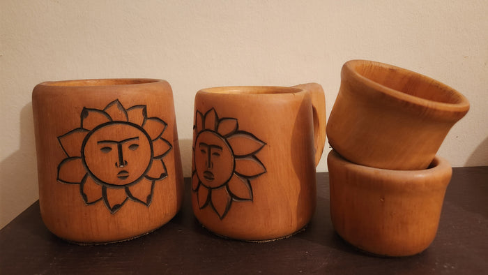 Hand-Carved Wooden Mugs Set - 4 Piece Sun Motif Collection