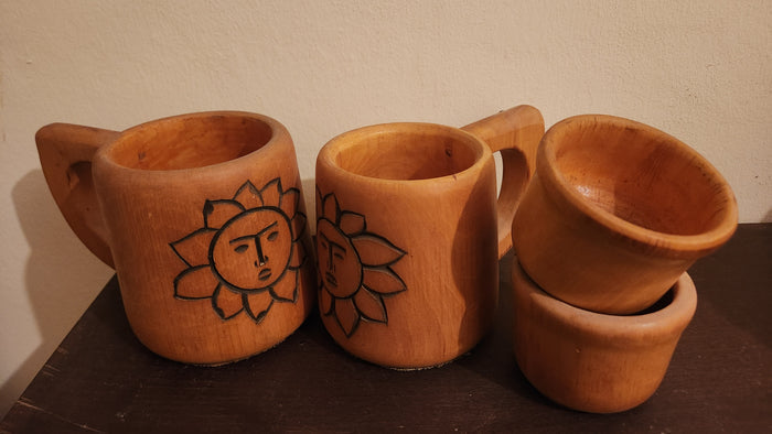 Hand-Carved Wooden Mugs Set - 4 Piece Sun Motif Collection