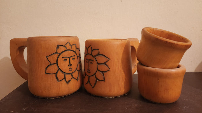 Hand-Carved Wooden Mugs Set - 4 Piece Sun Motif Collection