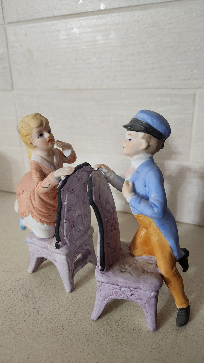 Hand-Painted Bisque Porcelain Figurines - Boy and Girl on Victorian Chairs (13 cm)