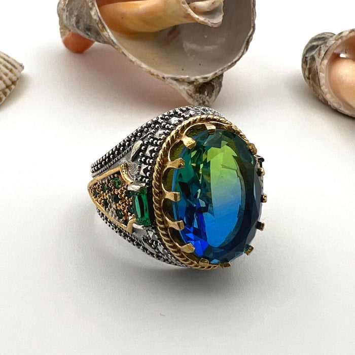 Handcrafted Men's Blue Tourmaline Sterling Silver Ring - Turkish Artisan Jewelry - TryAladdin